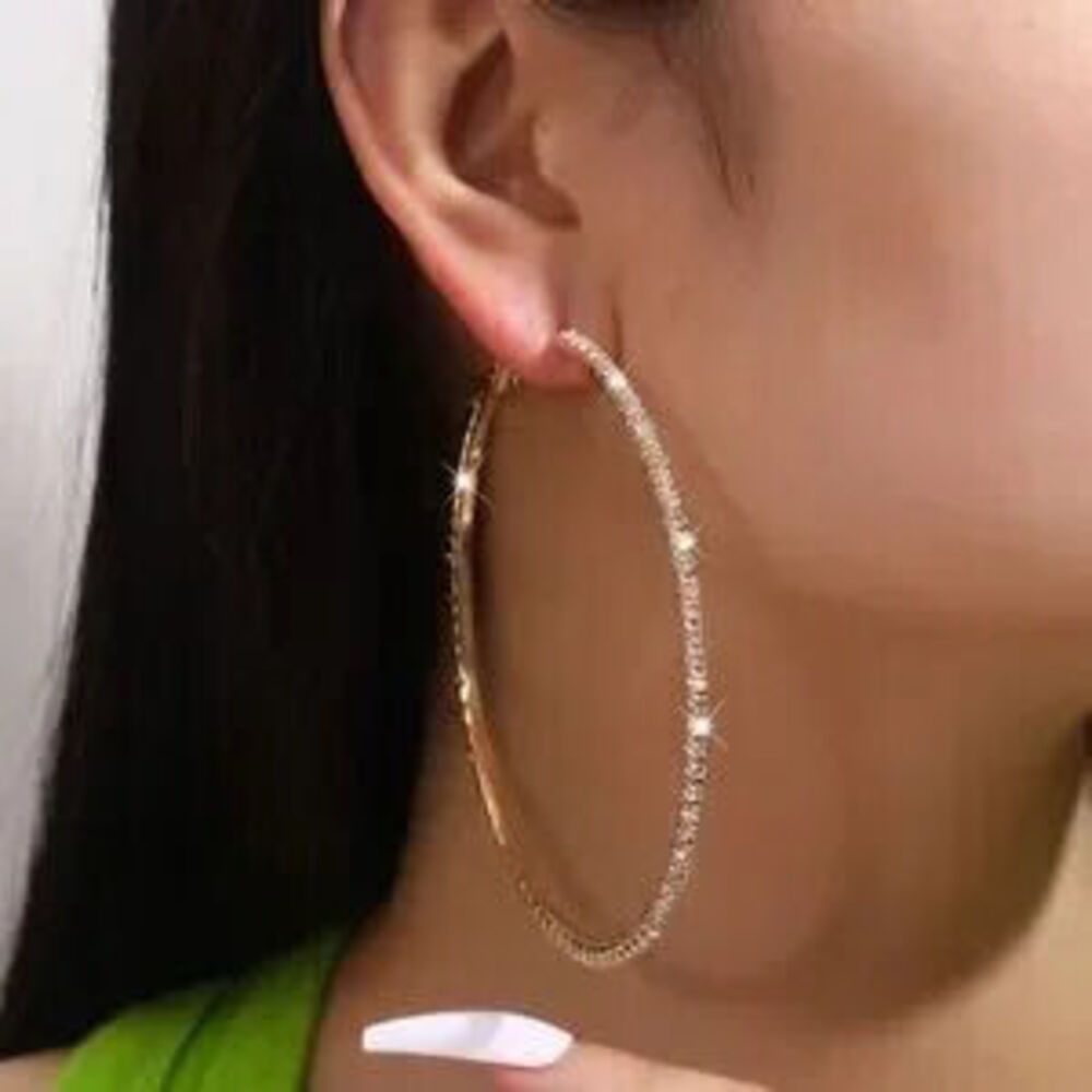 Gold Crystal Hoop Earrings Large Statement Hoops Sparkly Glam Gift Dainty